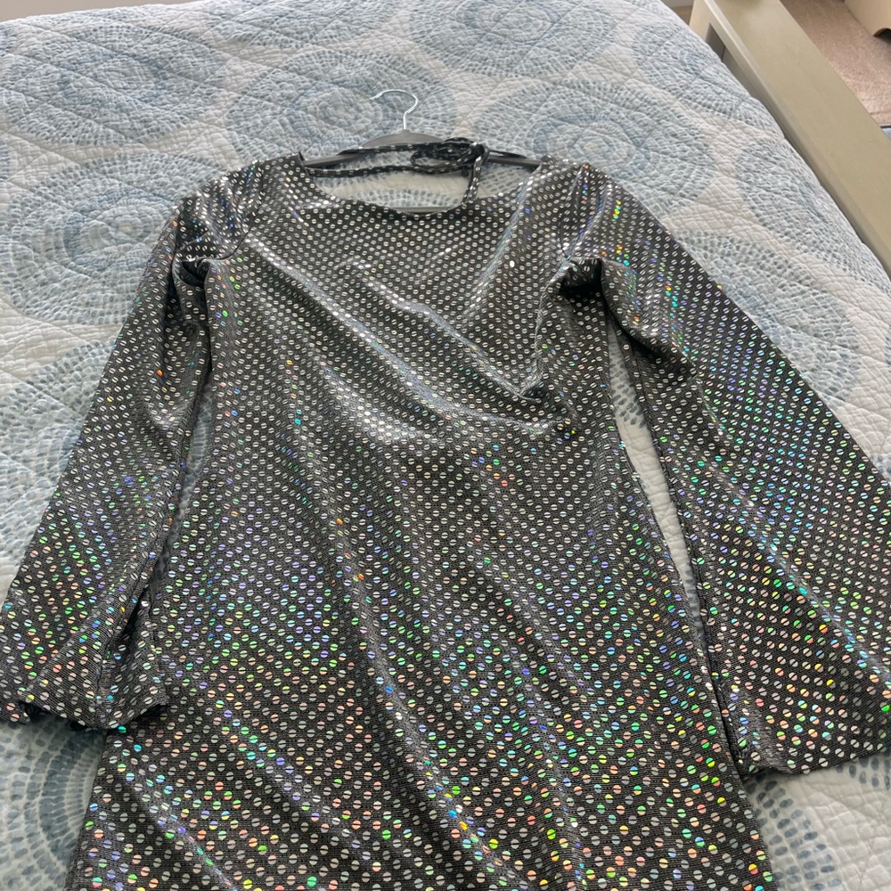 Silver sequin long sleeve mini dress